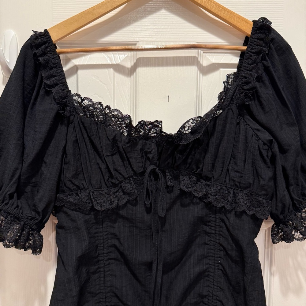 Ruched Mini Dress Women’s L Black Milkmaid Lace Drawstring Goth Dark Feminine - Picture 4 of 13